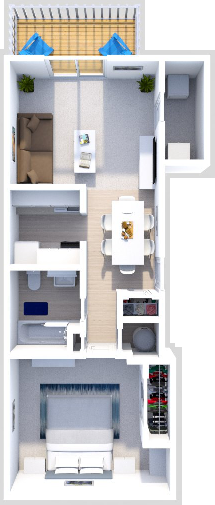 Floor plan for 1 bed, 1 bath, 600 sqft